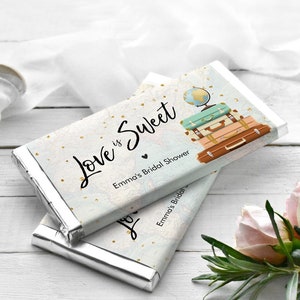 Bearbeitbarer Reise Brautdusche Schokoladenriegel Wrapper Liebe ist süß, zu Frau reisen, Abenteuerkarte Download Corjl Vorlage Druckbare 0263