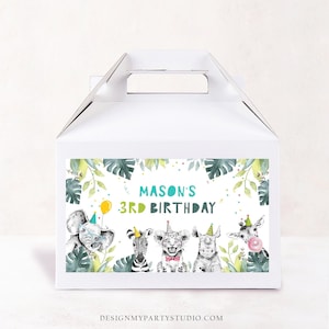 Editable Party Animals Gable Box Safari Animals Birthday Gift Box Labels Wild Animals Boy Wild One Digital Download Template Printable 0322