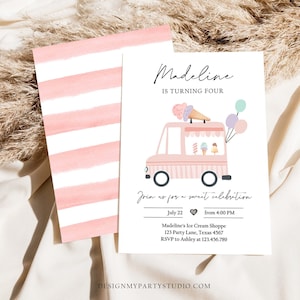 Editable Ice Cream Truck Birthday Invitation Ice Cream Truck Invite Modern Ice Cream Shoppe Van The Scoop Printable Template Corjl 0415