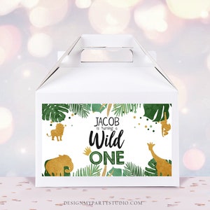 Editable Safari Animals Birthday Gable Gift Box Labels Party Animals Gold Green Wild One Jungle First Birthday Boy Digital Printable 0016
