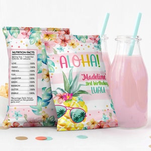 Bearbeitbare Ananas Chip Tasche Hawaiian Birthday Party Decor Mädchen Rosa Luau Party Snack Gunst Tropisch Digitaler Download Vorlage Printable 0391