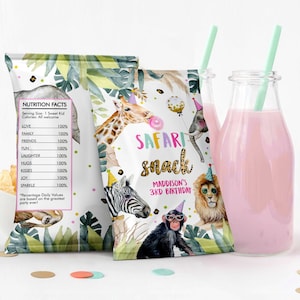 Modificabile Party Animals Chip Bag Safari Animals Birthday Decor Ragazza Zoo Pink Safari Snack Wild One Favor Four 4th Digital Corjl Template 0417