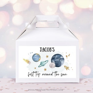 Editable Space Gable Box Label Outer Space Birthday Gift Box Labels First Trip Around the Sun Party Favors Download Printable Corjl 0357