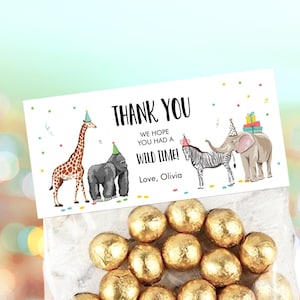 Editable Party Animals Treat Bag Toppers Safari Animals Birthday Thank You Wild One Favor Bag Zoo Wild Time Corjl Template Printable 0142