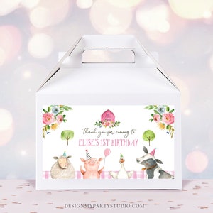 Farm Animals Gable Gift Box Label Pink Farm Birthday Girl Treat Box Label Floral Barnyard Party Digital Download Template Printable 0155