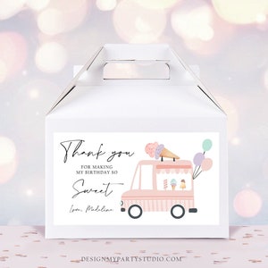 Editable  Ice Cream Truck Favor Box Label Gable Gift Box Ice Cream Birthday Sweet One First Girl Treat Box Tag Download Printable Corjl 0415