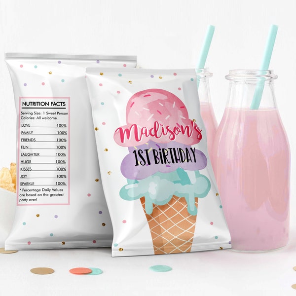 Editable Ice Cream Chip Bag Ice Cream Birthday Party Decor Girl 1st Birthday Ice Cream Truck Scoop Snack Favors Digital Corjl Template 0243