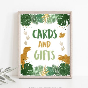 Cards And Gifts Sign Table Decor Dinosaur Sign Dino Gift Table Prehistoric Party Boy Green Gold Gift Table Jungle Leaves Sign PRINTABLE 0146