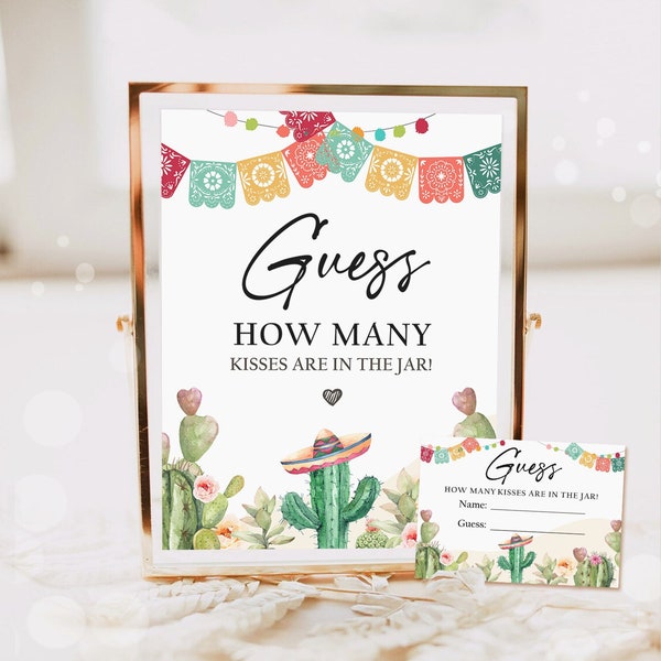 Editable Guess How Many Kisses Are in the Jar Game Bridal Shower Fiesta Cactus Watercolor Guessing Game Activity Template Printable 0404