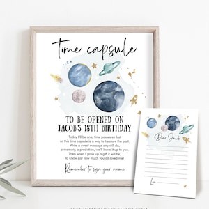 Editable Outer Space Time Capsule First Birthday Party Astronaut Rocket Space Birthday Moon Planets Guestbook Template Printable Corjl 0357