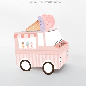 Caixa de lembrancinhas para festa de sorvete de aniversário para impressão Caixa de lembrancinhas para mesa de sorvete Decoração de caminhão Rosa Menina DIY Digital 0415