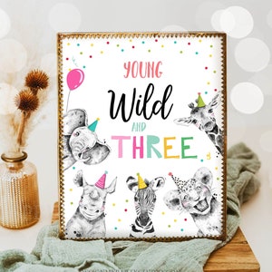 Young Wild and Three Birthday Sign Party Third Birthday 3rd Safari Animals Party Animals Zoo Girl Pink Decor Download Printable 0390
