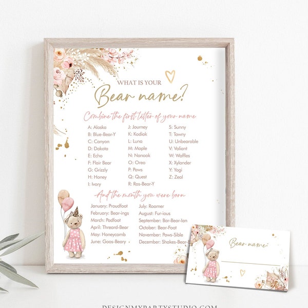 Editable What Is Your Bear Name Girl Teddy Bear Birthday Game Party Activity Pampas Grass Game Boho Whimsical Corjl Template Printable 0421