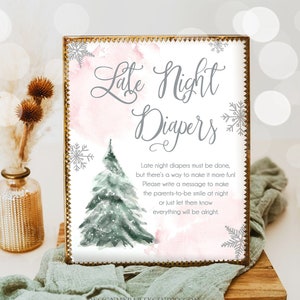 Late Night Diapers Sign Winter Tree Watercolor Snowflake Baby Shower Sign Diaper Table Girl Cold Outside Shower Download Printable 0363