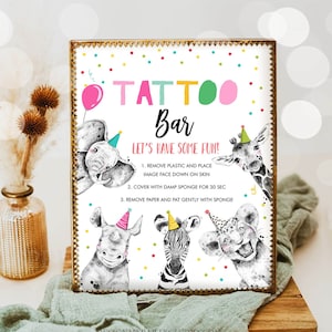 Tatouage bar signe fête animaux signe d&#39;anniversaire animaux de safari Decor fille anniversaire sauvage un animal table Zoo fête jungle imprimable 0390