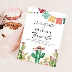 Bewerkbare Fiesta-uitnodiging Three-esta verjaardag Mexicaanse cactus sappig woestijn bloemenmeisje kinderen 3e afdrukbare uitnodigingssjabloon Evite 0404