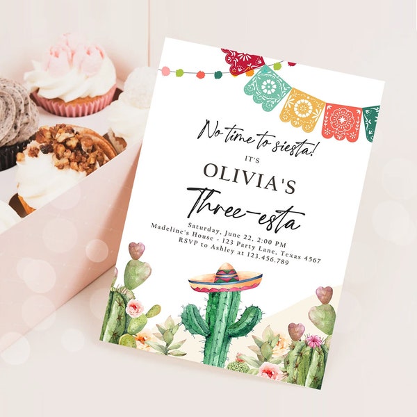 Editable Fiesta Invitation Three-esta Birthday Mexican Cactus Succulent Desert Floral Girl Kids 3rd Printable Invitation Template Corjl 0404
