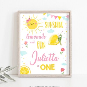 Editable Sunshine Welcome Sign Little Sunshine Birthday Party Pink Girl Lemonade and Fun Lemonade Stand Summer Template PRINTABLE Corjl 0141