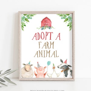 Adopt a Farm Animal Party Sign Farm Birthday Sign Favors Barnyard Birthday Farm Animals Boy Red Favor Sign Farm Party PRINTABLE 0155