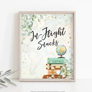 In-Flight Snacks Sign Eucalyptus Greenery Bridal Shower Wedding Birthday Globe Suitcase Traveling Instant Download Printable 0030