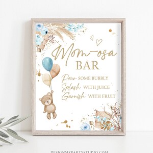 Momosa Bar Bord Boho Teddybeer Babyshower Bord Boho Babyshower Mom-osa Bar Mimosa Drankjes Pampagras Decor Boy Blauw Afdrukbaar 0421