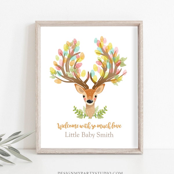 Editable Deer Fingerprint Guestbook Baby Shower Birthday Thumbprints Boy Girl Neutral Guest Book Woodland Antler Digital Corjl Template 0060