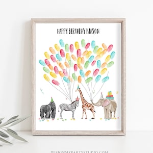Editable Party Animals Birthday Fingerprint Guestbook Thumbprint Guest Book Safari Tree Jungle Wild One Corjl Template Printable 0142