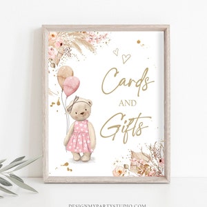 Cartões e presentes Placa Boho Teddy Bear Baby Shower Placa Boho Baby Shower Mesa Placa Presente Mesa Pampas Grass Decoração Menina Rosa Imprimível 0421