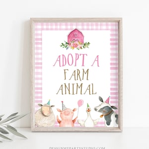 May include: A pink and white gingham background with a pink barn and the text "Adopt a Farm Animal".  There are four farm animals wearing party hats: a sheep, a pig, a goose, and a cow.