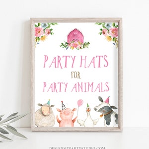 Farm Animals Party Sign Party Hats Sign Farm Birthday Sign Zoo Barnyard Birthday Farm Decor Girl Pink Decorations Sign Party PRINTABLE 0155