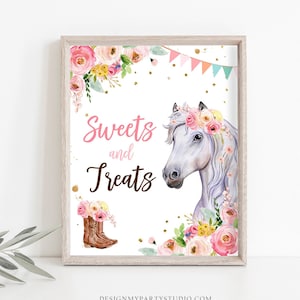 Sweets and Treats Sign Horse Party Sign Table Decor Floral Horse Birthday Cowgirl Horse Favors Farm Horseback Riding Download Printable 0408