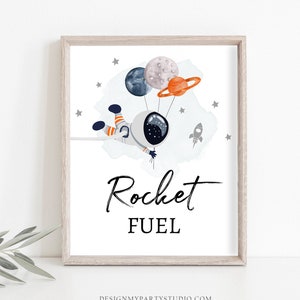 Letrero de fiesta espacial con combustible de cohete, letrero de cumpleaños del espacio exterior, decoración de fiesta de galaxia, mesa de bebidas, letrero de bocadillos para niño, planetas, astronauta, imprimible 0366