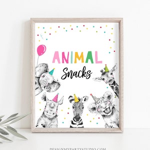 Animal Snacks Birthday Sign Party Drinks Table Bar Food Safari Snacks Animals Party Animals Zoo Girl Pink Instant Download Printable 0390