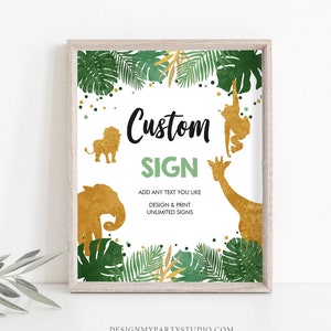 Editable Safari Animals Custom Sign Birthday Table Sign Decor Jungle Green Gold Boy Instant Download Corjl Template 8x10 Printable 0016