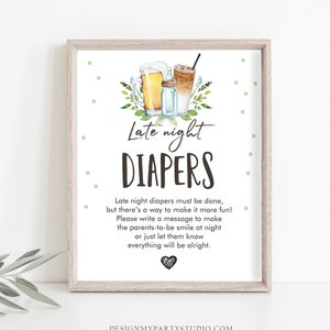 Peut inclure: Une affiche encadrée avec les mots "Late night DIAPERS" dans une police fantaisiste. L'affiche présente des illustrations à l'aquarelle d'une bière, d'un cocktail et d'une petite bouteille. Le texte encourage les invités à écrire des messages.