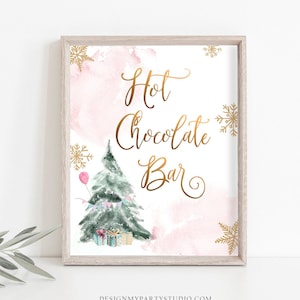 Hot Chocolate Bar Sign Winter Tree Watercolor Snow Girl Pink Birthday Baby Shower Cocoa Bar Drink Station Instant Download PRINTABLE 0363