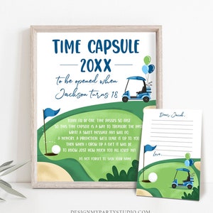 Editable Golf Time Capsule First Birthday Party Hole in One Birthday First Par-tee Guestbook Boy Golfing Template Printable Corjl 0405