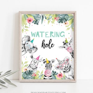 Watering Hole Birthday Sign Drink Table Decor Safari Birthday Wild One Animals Girl Party Animals Table Sign Zoo Party Jungle PRINTABLE 0322
