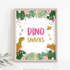 Dino Snacks Sign Table Decor Dinosaur Sign Dino Food Sweet Table Prehistoric Party Girl Pink Gift Table Jungle Leaves Sign Printable 0146