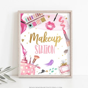 Makeup Station Sign Spa Party Sign Spa Birthday Sign Makeup Party Sign Girl Glitters and Glamour Decor Table Decor Download Printable 0420