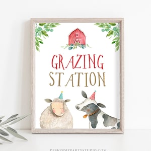 Grazing Station Food Party Sign Farm Birthday Sign Table Decor Barnyard Birthday Farm Animals Boy Red Snacks Farm Party Printable 0155