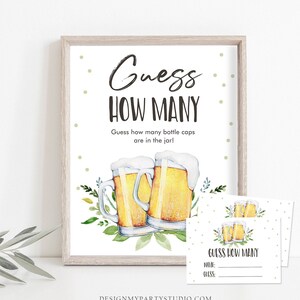 May include: A printable game card with a watercolor illustration of two beer mugs with green foliage. The card says "Guess How Many" and "Guess how many bottle caps are in the jar!" There is a smaller card that says "Guess How Many" with blank spaces for a name and guess.