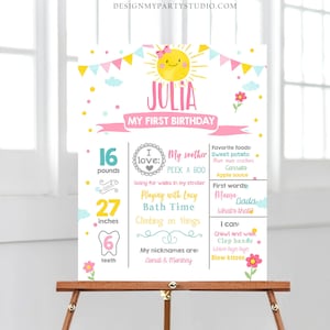Editierbare Little Sunshine Geburtstag Meilensteine Zeichen Sommer Erster Geburtstag 1. Geburtstag Mädchen Rosa Schleife Download Template Printable Corjl 0141