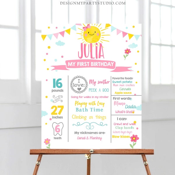 Editable Little Sunshine Birthday Milestones Sign Summer First Birthday 1st Birthday Girl Pink Bow Download Template Printable Corjl 0141