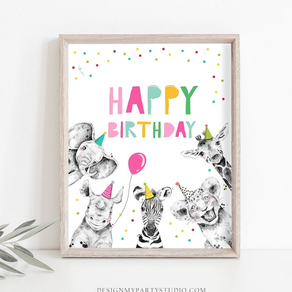 Happy Birthday Sign Party Animals Wild Safari Animals Thank You Favors Table Gift Sign Zoo Girl Pink Decor Jungle Download Printable 0390