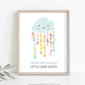 Editable Baby shower Fingerprint Guestbook Cloud  Rain drop Thumbprint Guest Book Raindrops Sprinkle Neutral PRINTABLE Template Corjl 0036