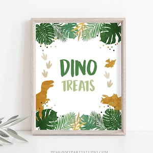 Dino Treats Sign Table Decor Dinosaur Sign Dino Food Sweet Table Prehistoric Party Boy Green Gold Gift Table Leaves Sign PRINTABLE 0146