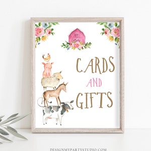 Cards And Gifts Sign Table Decor Farm Birthday Sign Gift Table Farm Animals Party Pink Farm Girl Floral Barnyard Sign PRINTABLE 0155
