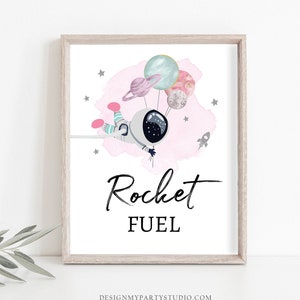 Letrero de fiesta de astronauta con combustible de cohete, letrero de cumpleaños del espacio exterior, decoración de fiesta de galaxia, mesa de bebidas, letrero de bocadillos para niña, letrero imprimible de astronauta de planetas 0366