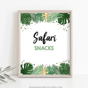 Safari Snacks Birthday Sign Table Decor Tropical Safari Birthday Wild One Animals Black Gold Food Table Decor  Party Jungle PRINTABLE 0332